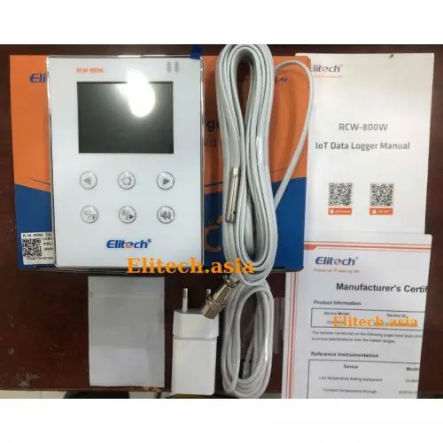 Hình thực tế đầy đủ phụ kiện theo máy Nhiệt ẩm kế tự ghi Elitech RCW-800W THE