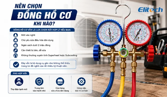 Đồng hồ cơ vs đồng hồ số HVAC 2026? Thợ nên chọn gì? Khi nào nên chọn đồng hồ cơ HVAC